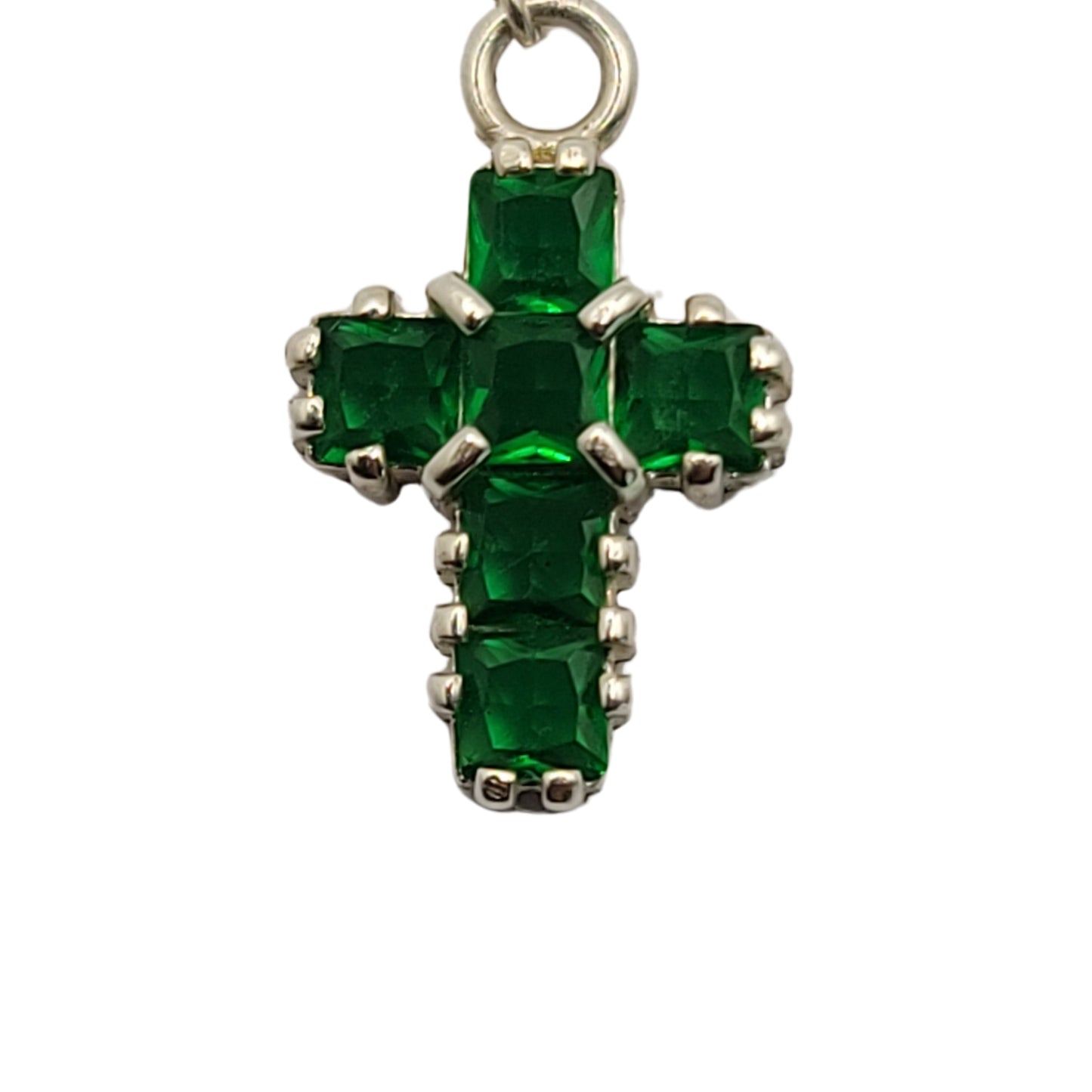 Green Hand-Cut Glass Mini Cross Set in Sterling Silver