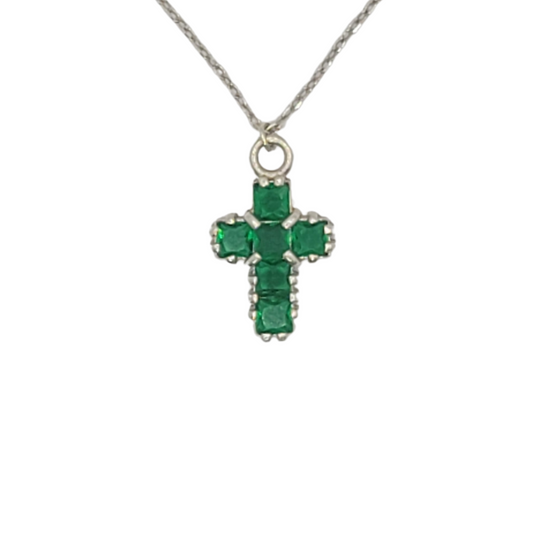 Green Hand-Cut Glass Mini Cross Set in Sterling Silver